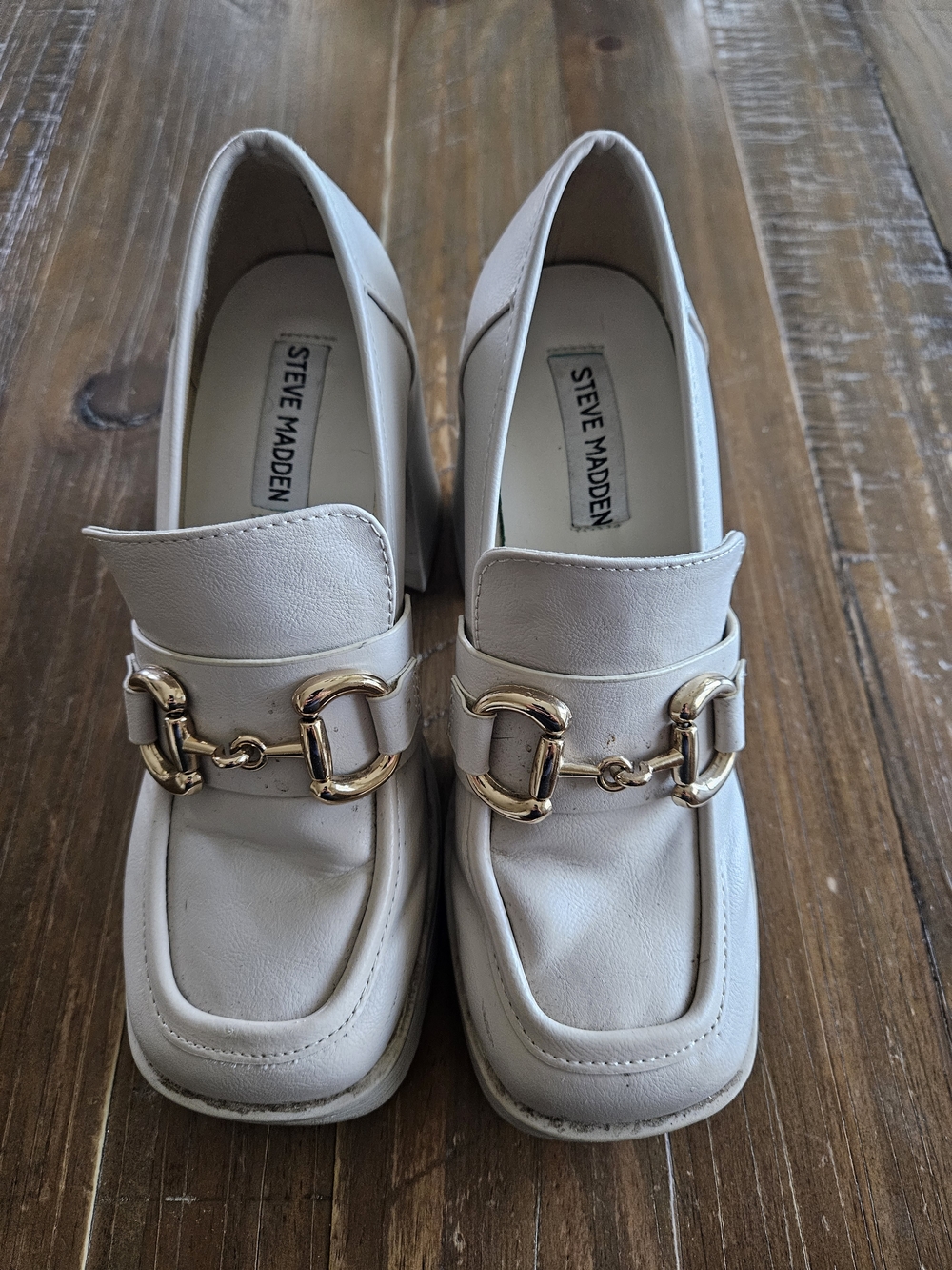 Steve Madden Cream Loafers with Gold Horsebit Accent